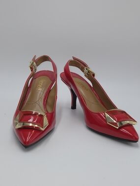 J.Renee Red Patent Slingback Pumps with Gold Buckle